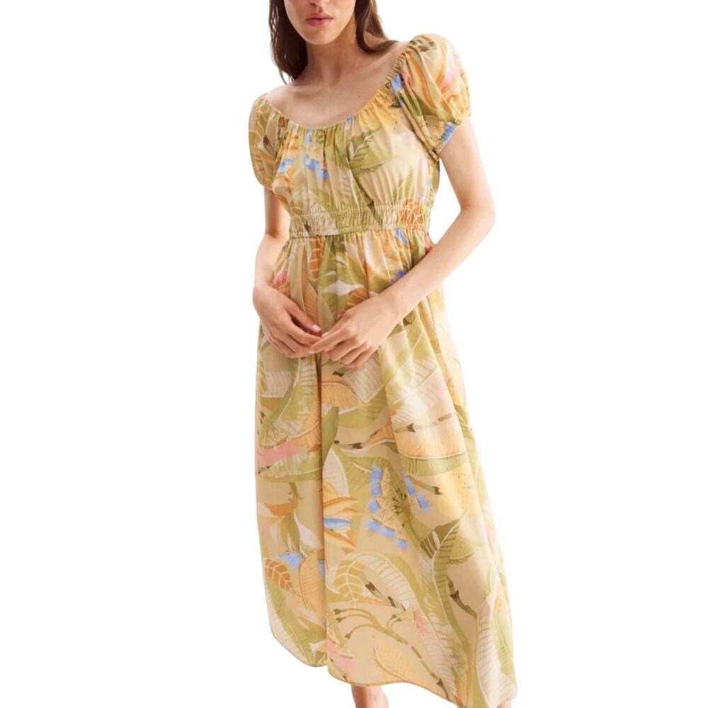 H&M Off the Shoulder Cotton Poplin Dress Yellow Tropical Floral XXL